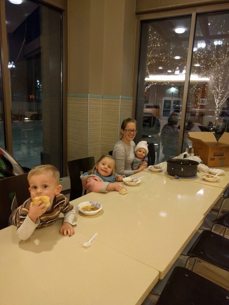 Homemade soup and rolls in the food court. :)