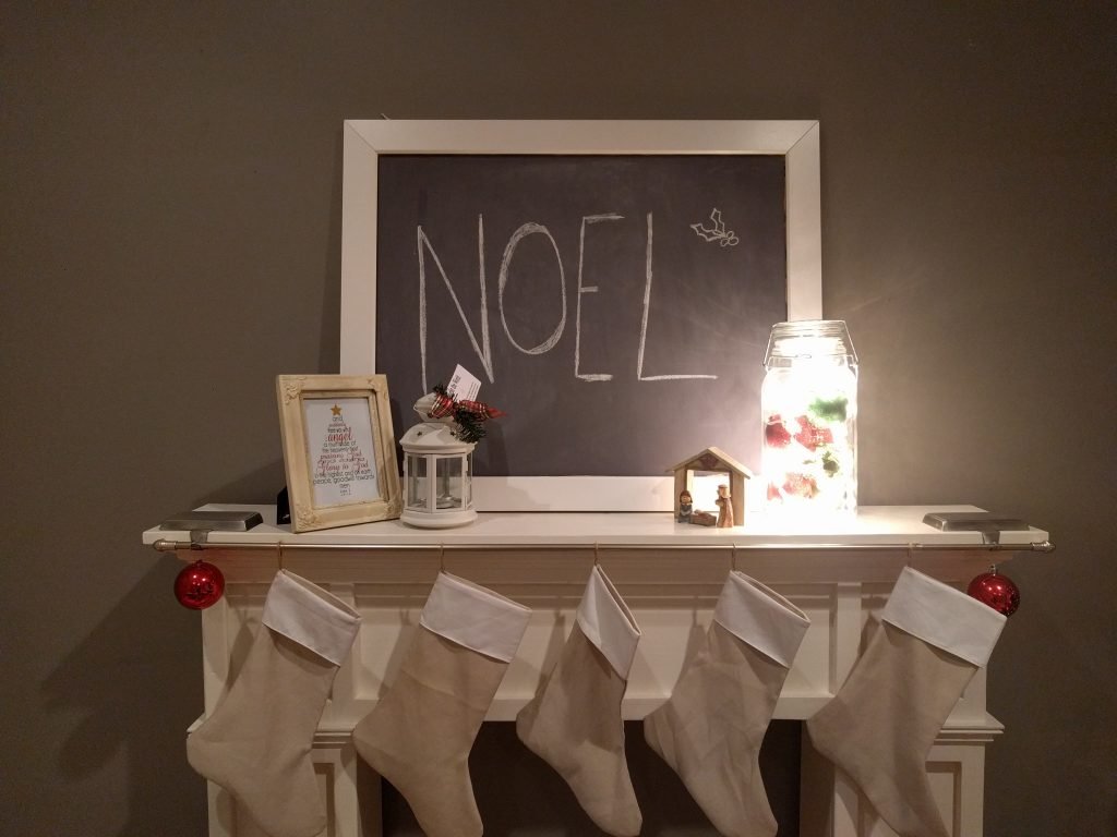 My mantel. I wanted matching stockings, so I made them out of sheets Mother gave me!
