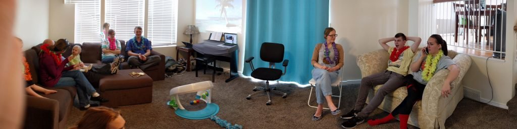This is a panorama picture of us feasting Hawaiian style!